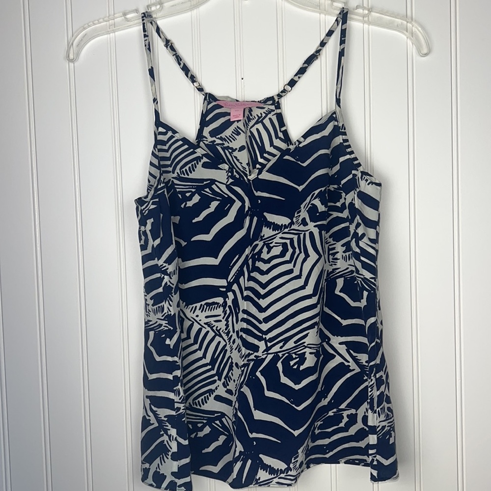 Lilly Pulitzer 100% Silk Dusk Top Oh Cabana Boy women's Size XS navy blue/white.